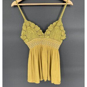 Free People Women's Crochet Babydoll Cami Top S Green Boho Festival Going Out